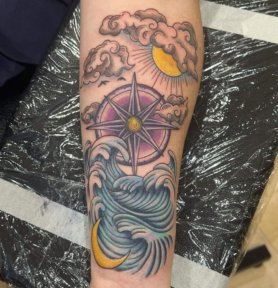 Colorful wave and sun tattoo options
