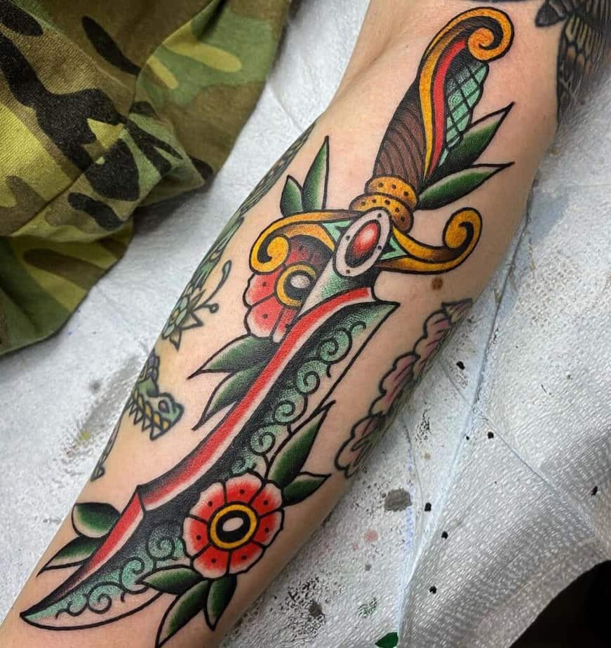 Color traditional dagger tattoos