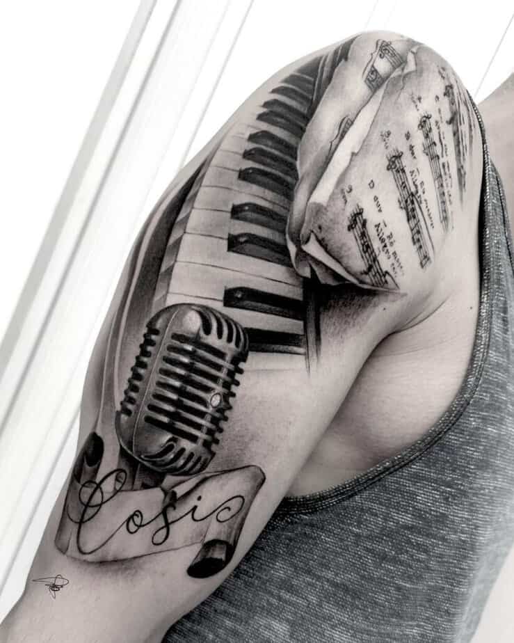 Microphone tattoos with other musical details
