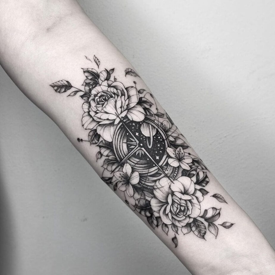 Floral compass tattoo