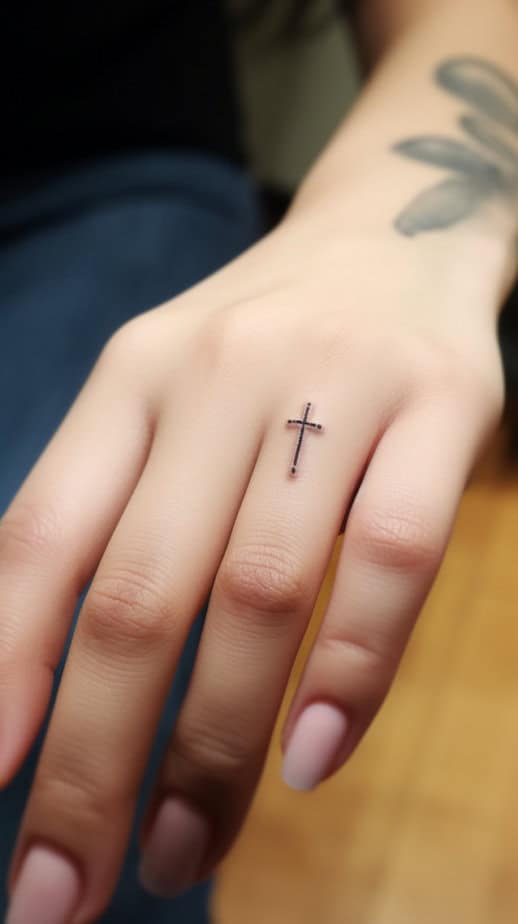 A classy cross tattoo on your finger