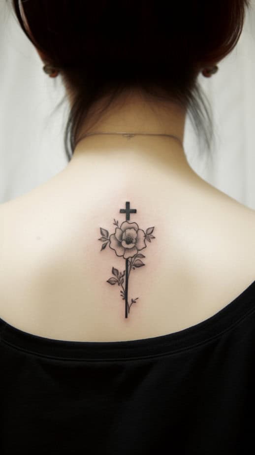 A feminine cross tattoo on your back