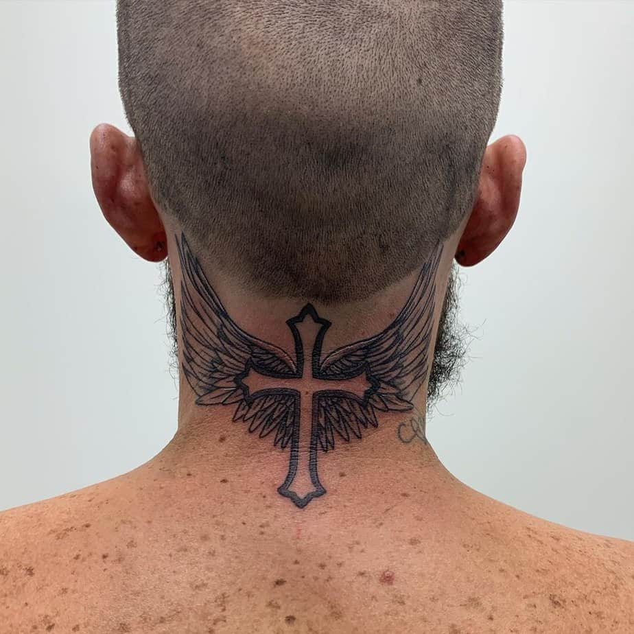 A minimalist cross tattoo on your neck