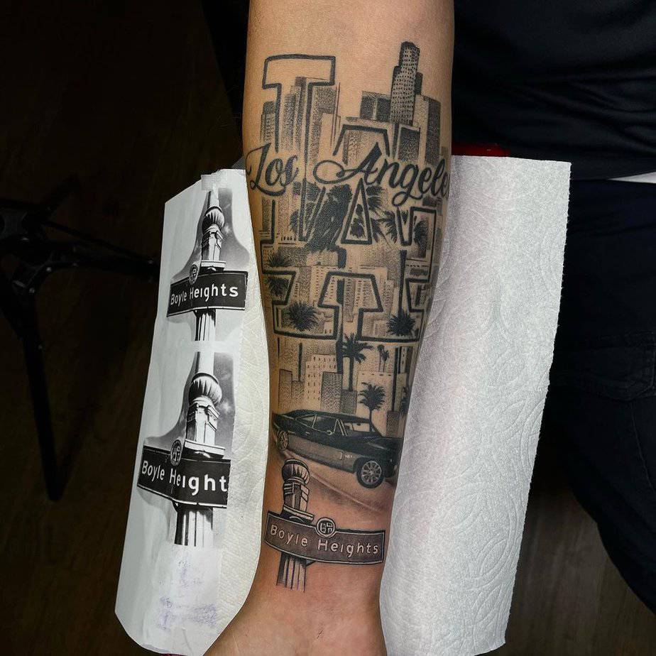 19. A Los Angeles street tattoo on the forearm
