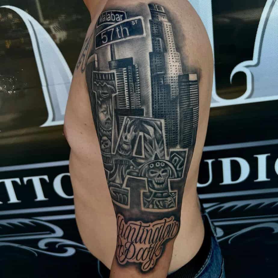 20. A Los Angeles street tattoo on the upper arm
