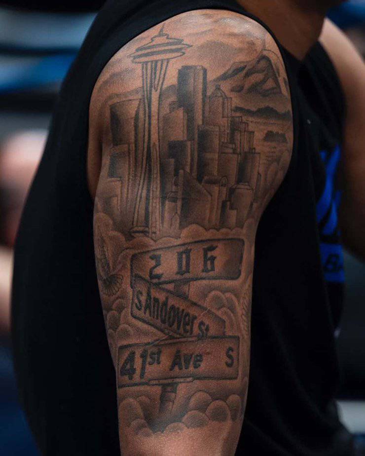 6. A Seattle street tattoo on the upper arm
