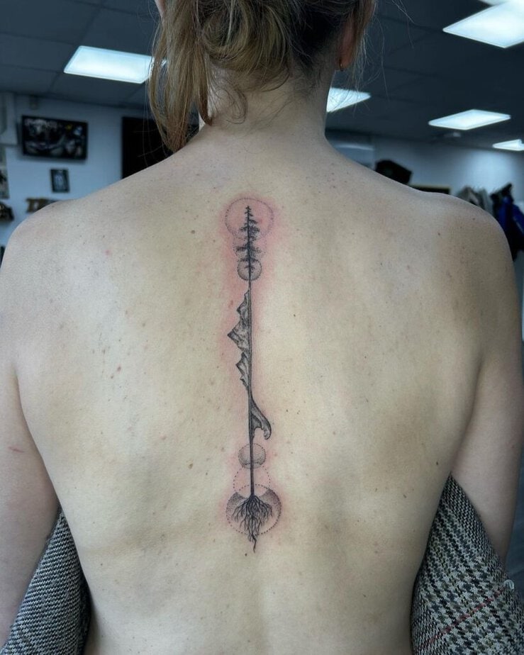 A nature-themed spine tattoo