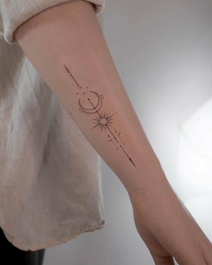 A single-needle sun and moon tattoo