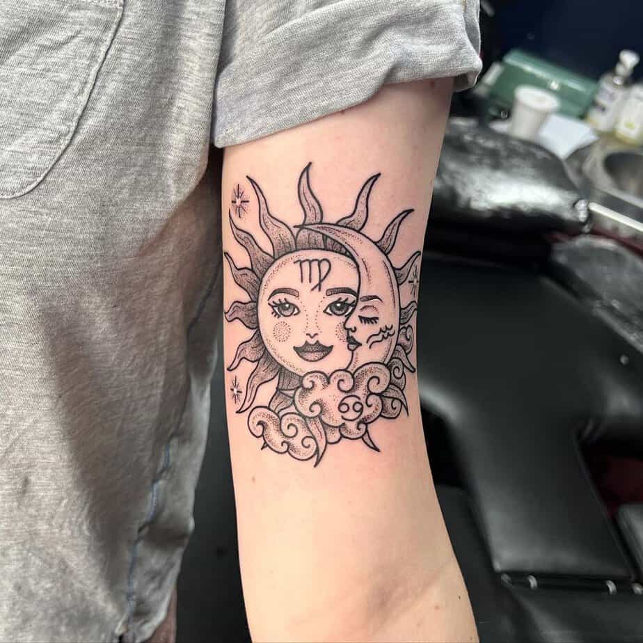 A sun and moon tattoo with a Zodiac sign of choice