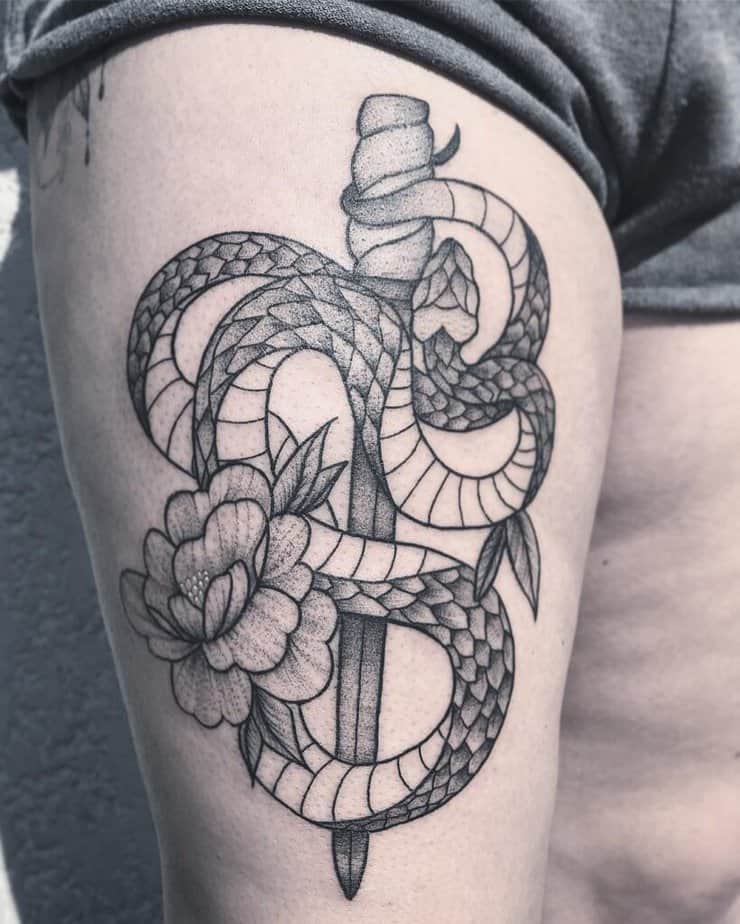 Snake with flowers and a sword or dagger