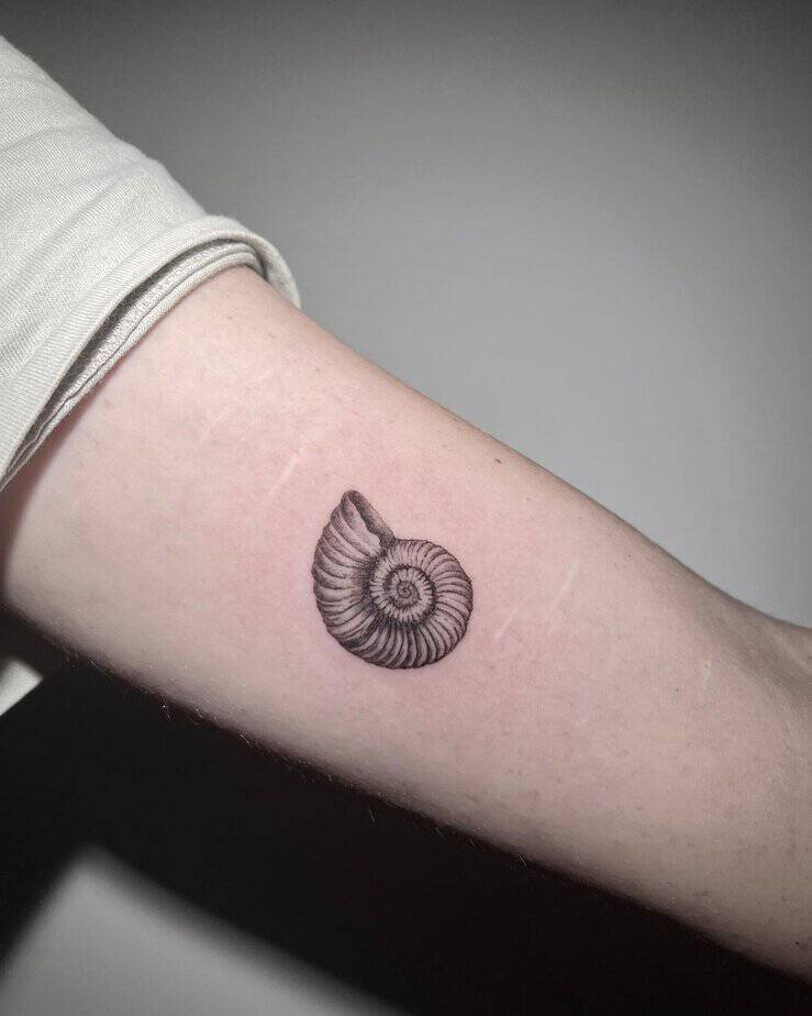 8. Un tatuaggio a forma di conchiglia di ammonite sul bicipite