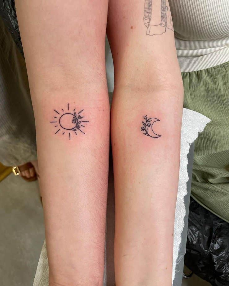 Delicate and dainty sun and moon tattoos