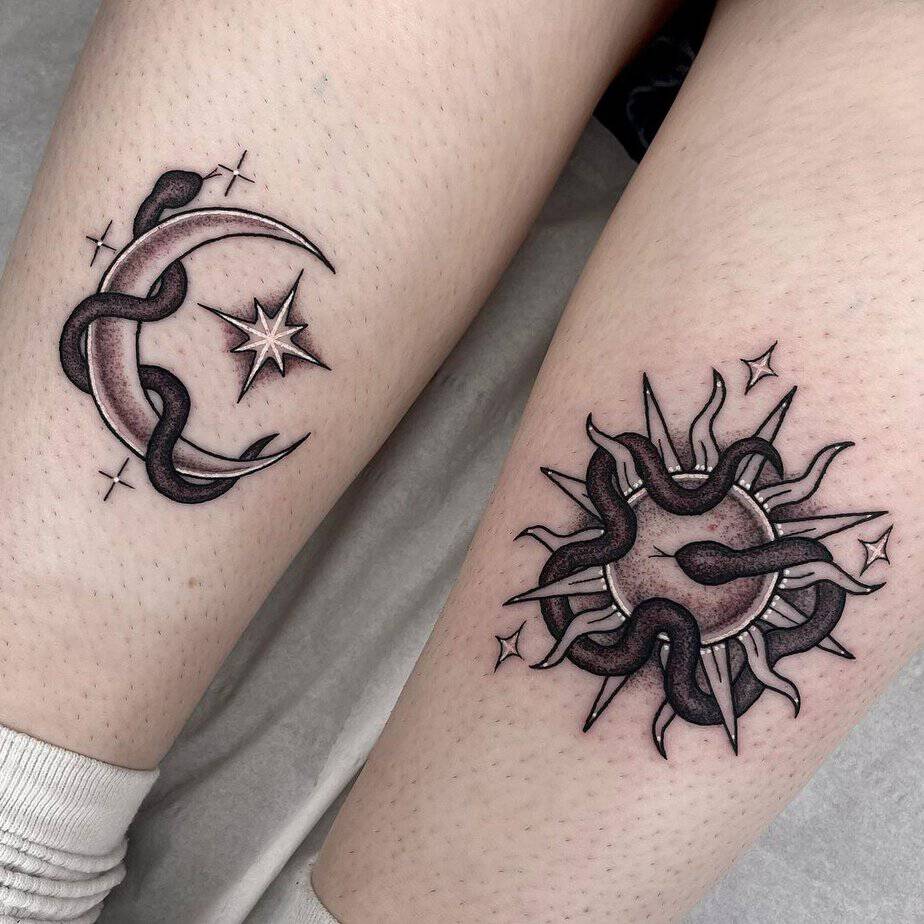 Detailed sun and moon tattoos