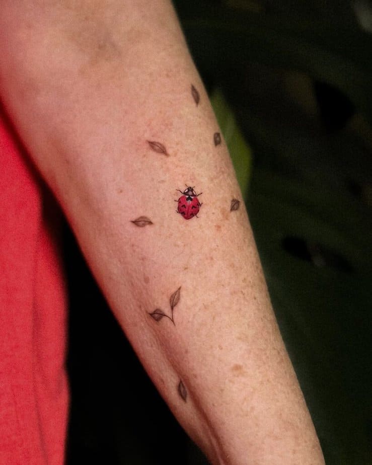 19. Tatuaggio di una coccinella con foglie 