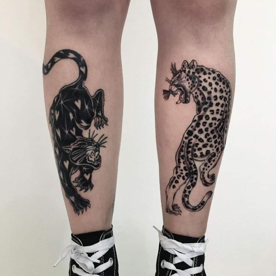 Panther and leopard shin tattoos