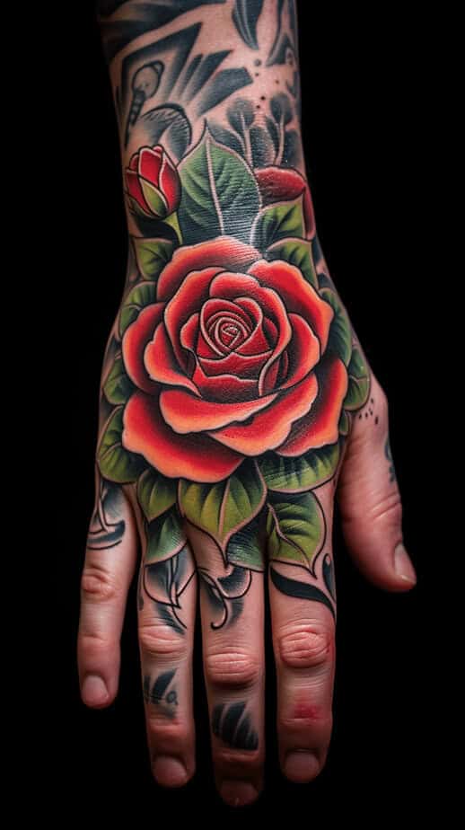 Traditional Rose Hand Tattoo
