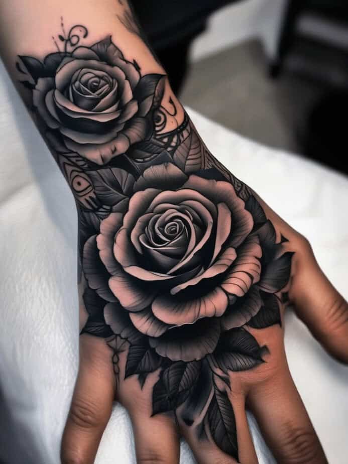 Tatuaggio tradizionale della mano con la rosa