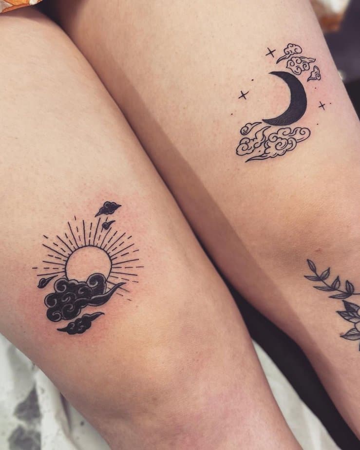 Sun and moon tattoos above knees