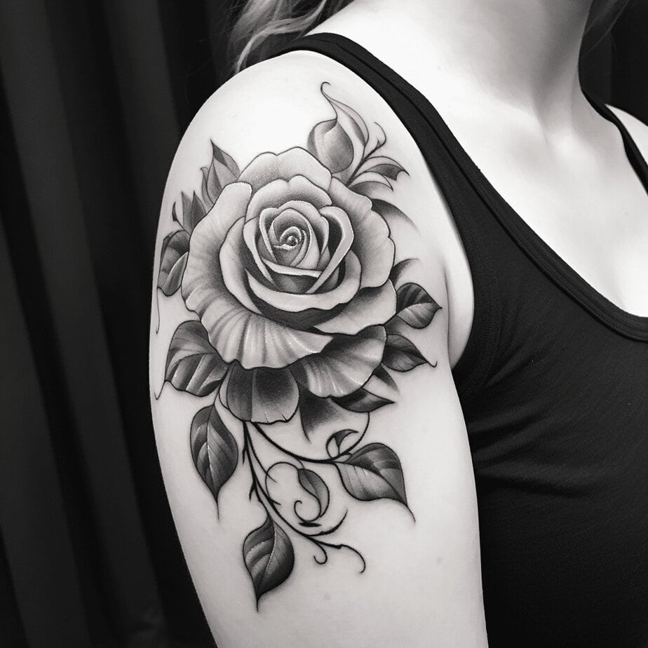 Traditional rose tattoo black and grey
