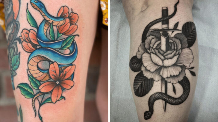 An Ode To Your Bravery: 24 Snake With Flowers Tattoo Designs