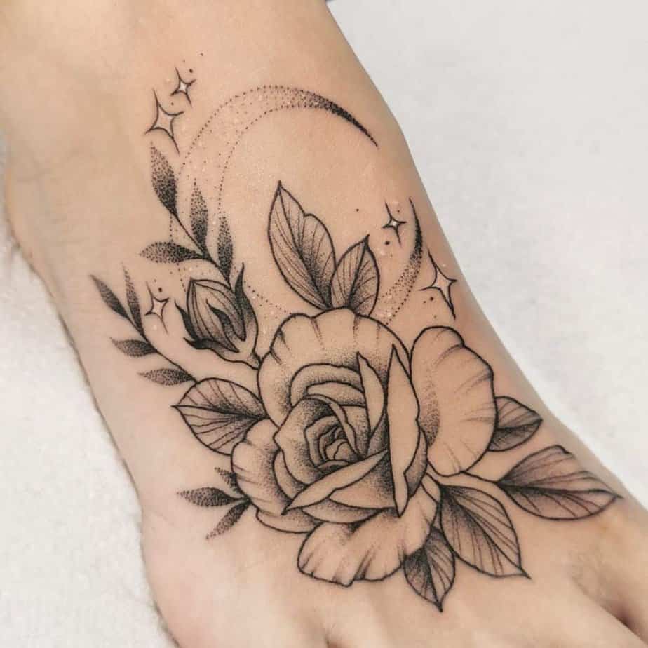 Moon and stars tattoos with floral details
