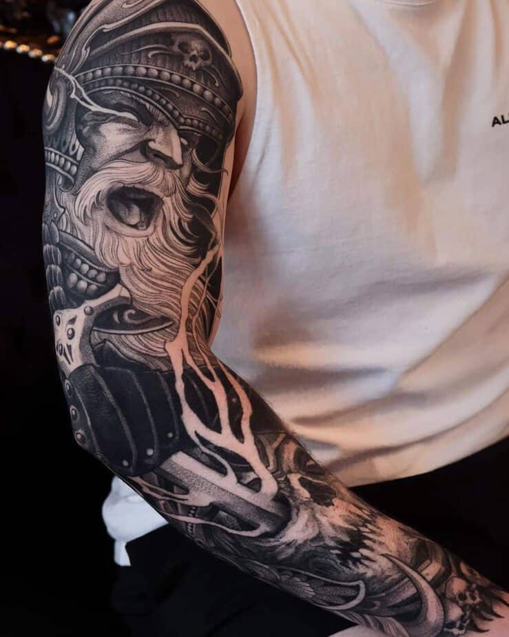 Mythological warrior tattoo sleeve
