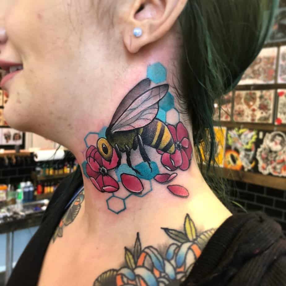 Bee neck tattoo