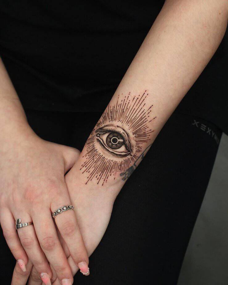 A tattoo of an eye on the wrist