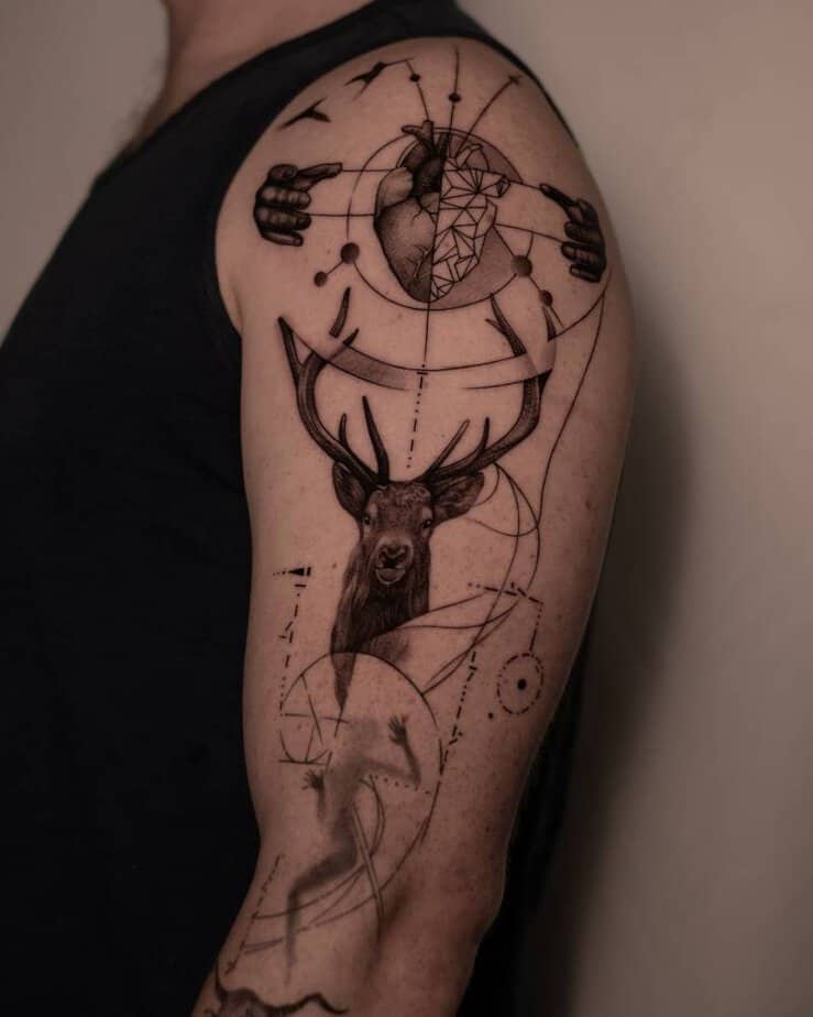 Deer and heart graphic tattoo