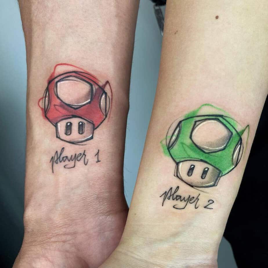 Matching Super Mushroom tattoos