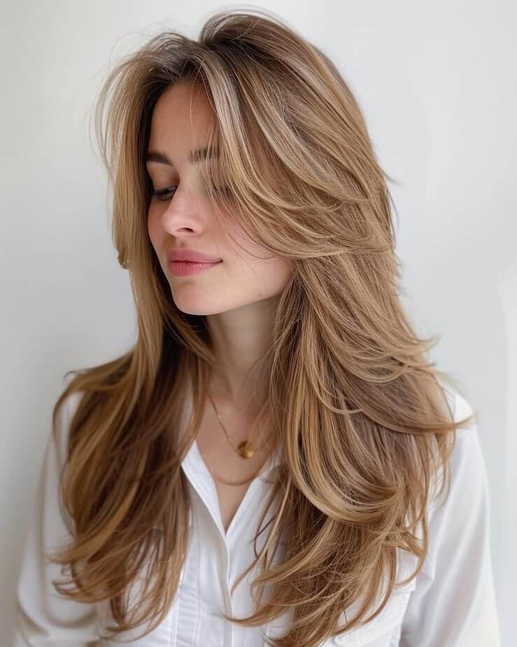 Sun kissed highlights with curtain bangs