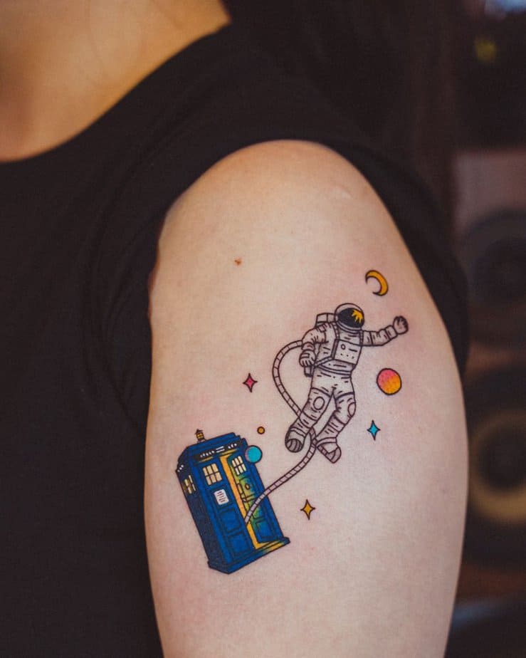 14. An astronaut tethered to the TARDIS