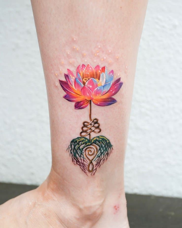 18. Colorful unalome and lotus tattoo above the ankle