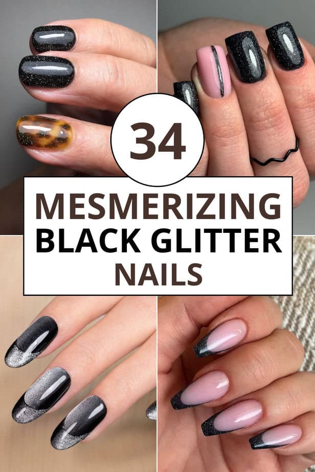 34 Mesmerizing Black Glitter Nails With A Cosmic Twinkle