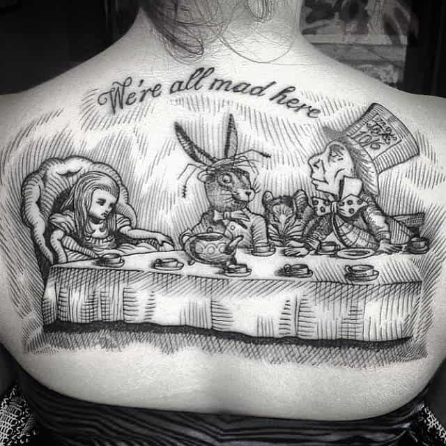 Engraving Alice in Wonderland tattoo