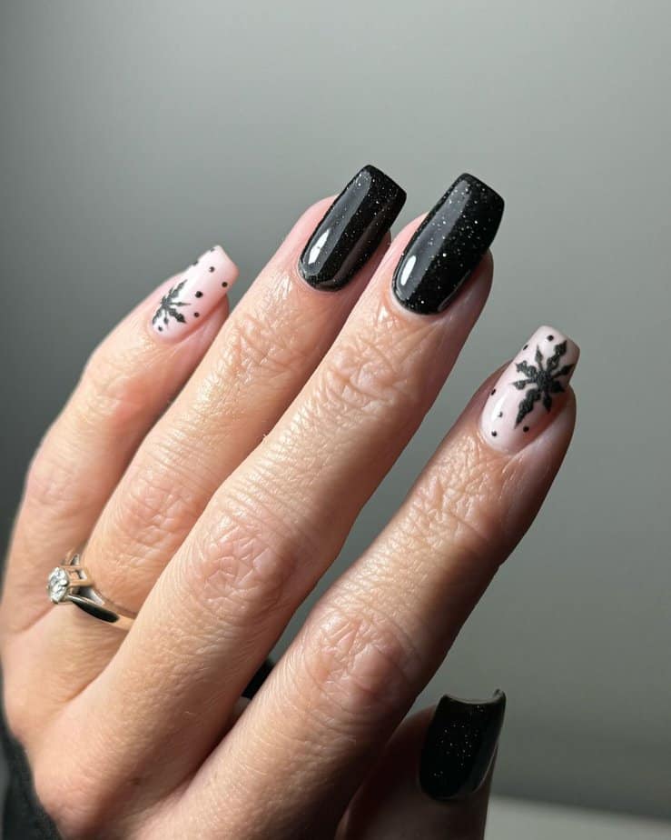 Floral black glitter nails