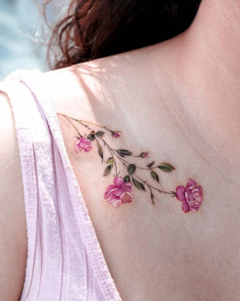 12. A cascade of pink roses on the shoulder