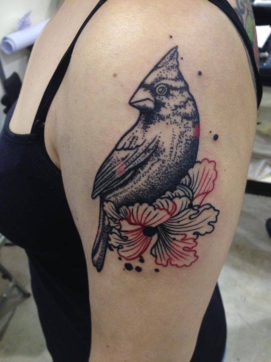 14. Cardinal in black and red with flowers