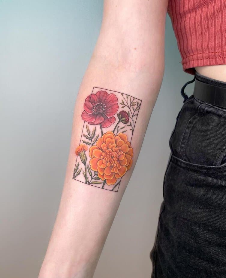 Marigold and cosmos flower tattoo