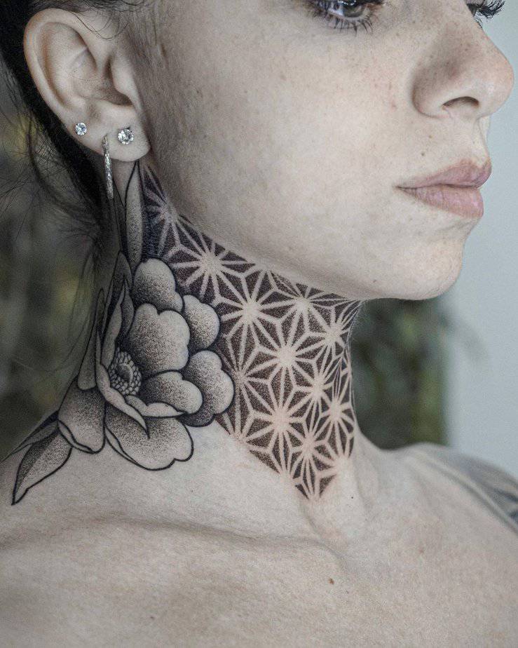 Peony tattoo on the neck