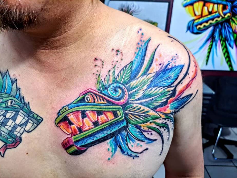 Quetzalcoatl chest tattoo