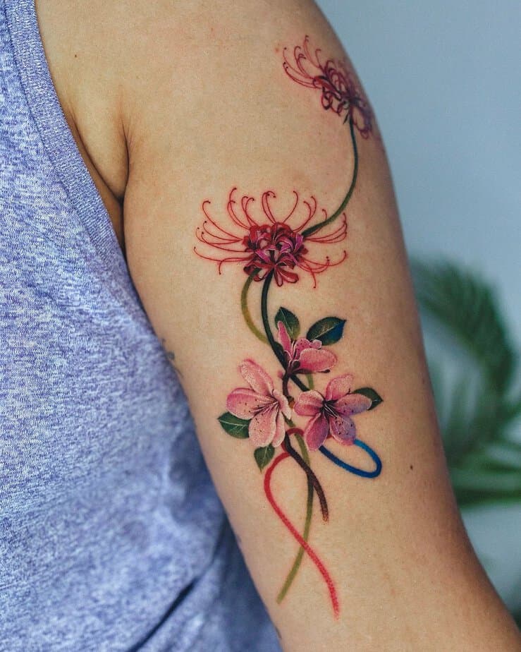 19 Remarkable Red Spider Lily Tattoos To Create A Web Of Beauty