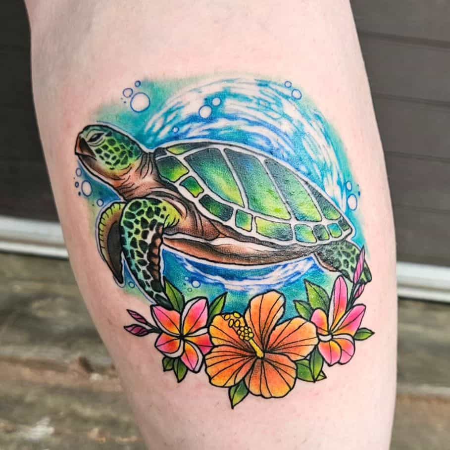 Sea turtle and plumerias