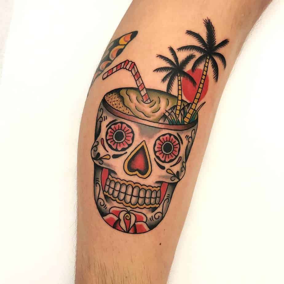 Whimsical sugar skull tattoo