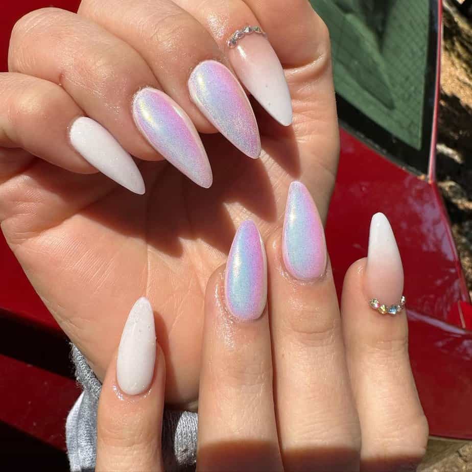 2. Bold and bright holographic stiletto tips