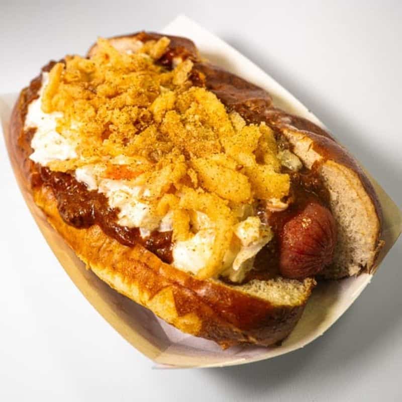 Chili Cheese on a Pretzel Bun